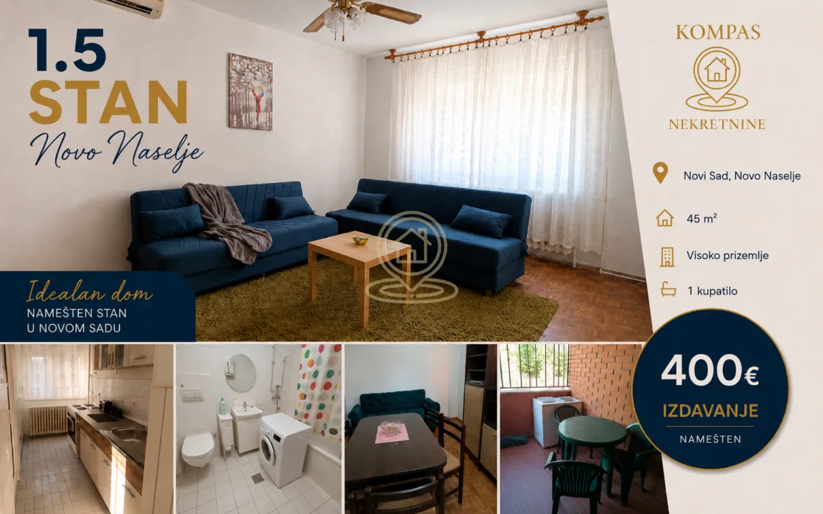 Izdavanje, jednosoban stan, 45m², Novo naselje, Novi Sad
