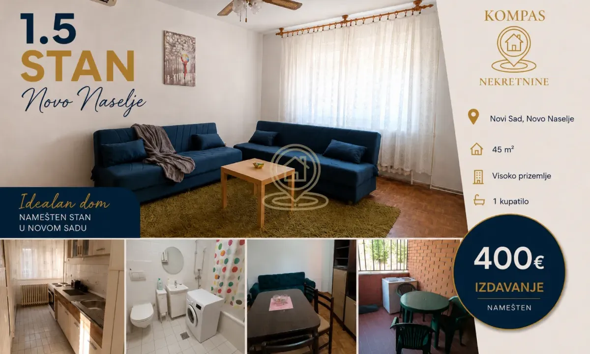 Izdavanje, jednosoban stan, 45m², Novo naselje, Novi Sad