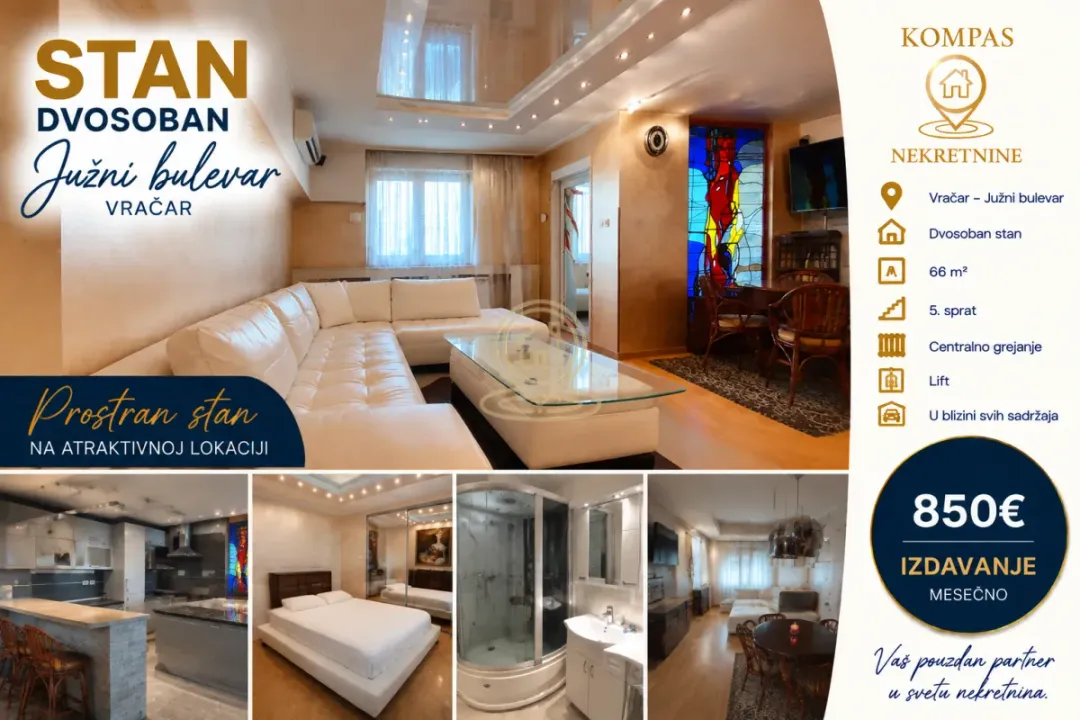 Rent, two bedroom apartment, 66m², Južni Bulevar, Vračar Sve Podlokacije
