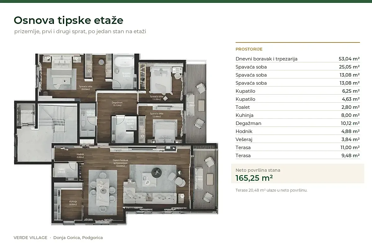 Osnova tipske etaže sa rasporedom prostorija i kvadraturom.