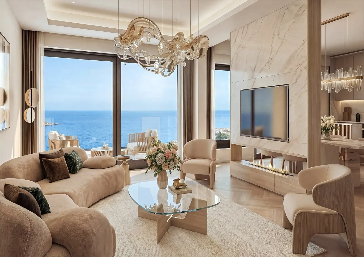 Luxuriously furnished living room with a sea view.