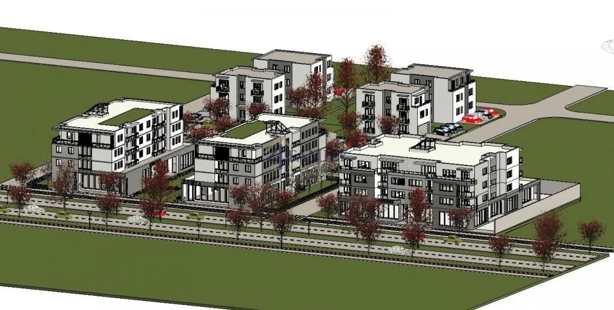 Trodimenzionalni prikaz stambenog kompleksa sa više zgrada.