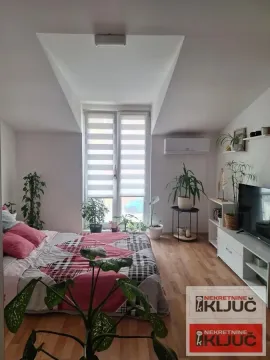 Nameštena spavaća soba sa bračnim krevetom, TV-om i sobnim biljkama. - image 8