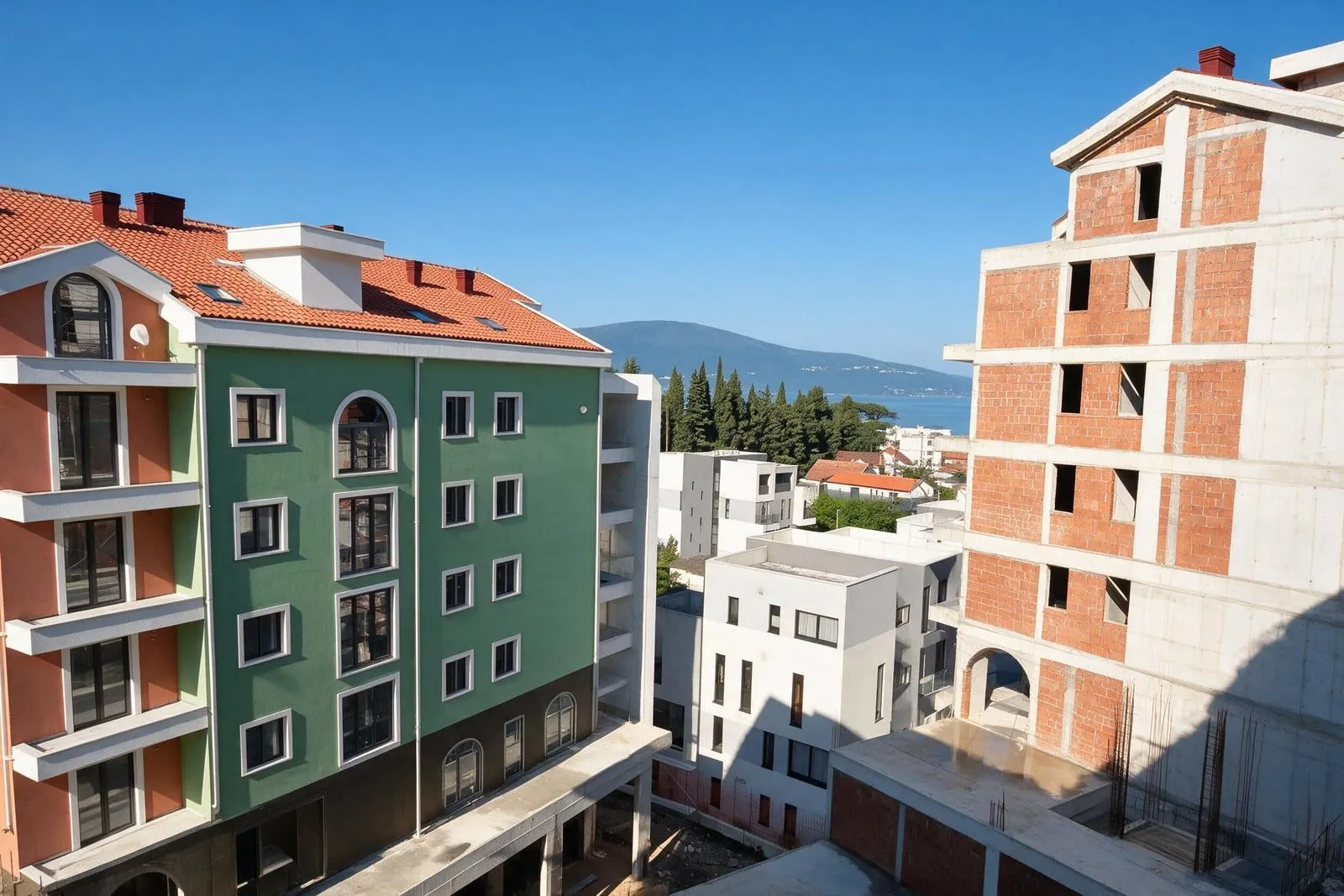 Pogled sa terase na okolne stambene zgrade i more u daljini.
