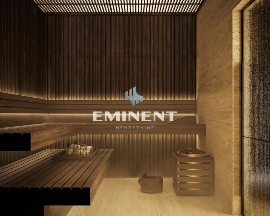 Modern wood-paneled sauna with ambient lighting.