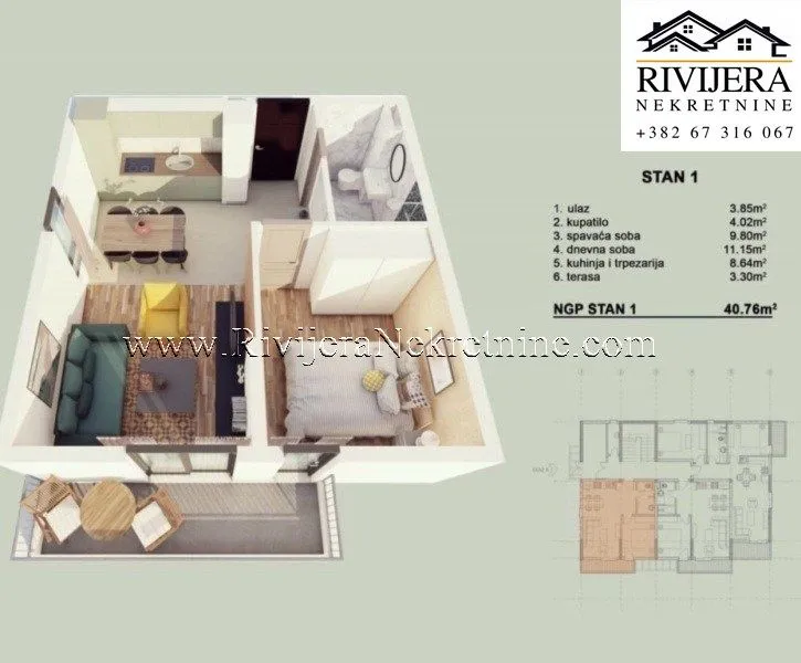 Prodaja, jednosoban stan, 41m², Orahovac, Kotor