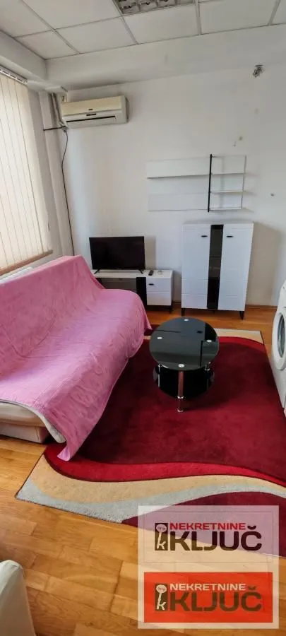 Manja dnevna soba sa kaučem prekrivenim roze presvlakom, stočićem i televizorom.