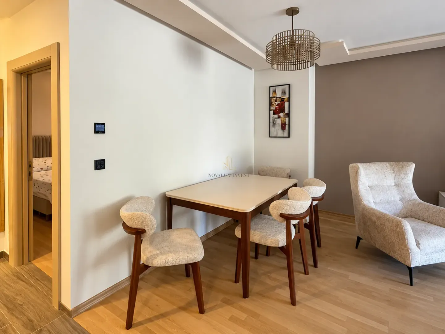 Living room with a dining table and chairs.