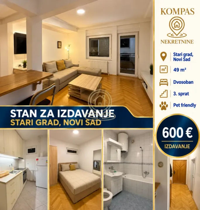 Izdavanje, dvosoban stan, 49m², Stari grad, Novi Sad