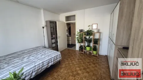 Nameštena spavaća soba sa krevetom, ormarima i sobnim biljkama. - image 3