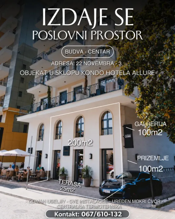 Izdavanje, poslovni prostor, 200m², Centar, Budva