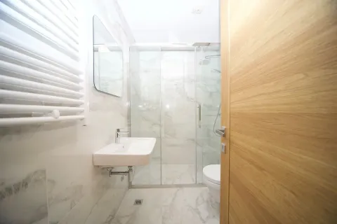 A modern bathroom equipped with a sink, walk-in shower, and a white towel radiator. - image 2