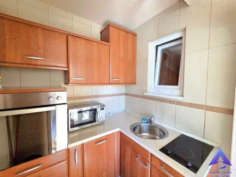 Manja kuhinja sa drvenim elementima, rernom, pločom za kuvanje i sudoperom. - image 6