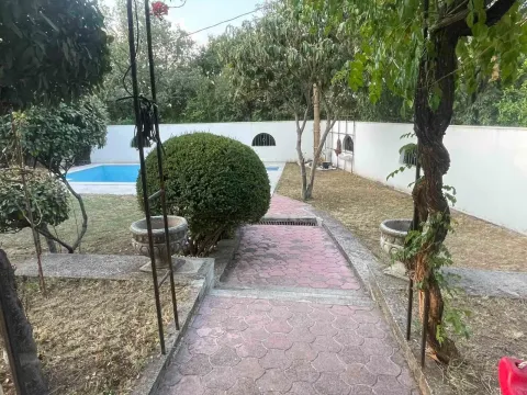 Landscaped courtyard with a paved walkway, swimming pool and greenery. - image 9