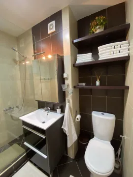 A modern bathroom featuring a shower cabin, vanity sink, and storage shelves. - image 12