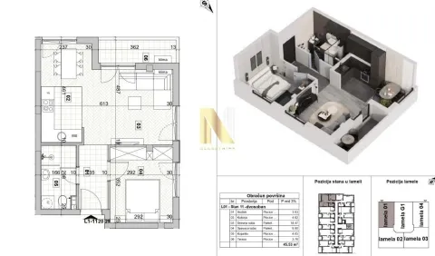 Osnova stana sa rasporedom prostorija i 3D prikazom. - image 19