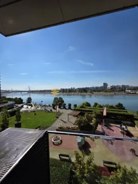 View from the terrace towards the river and landscaped courtyard with a children's playground. - image 28