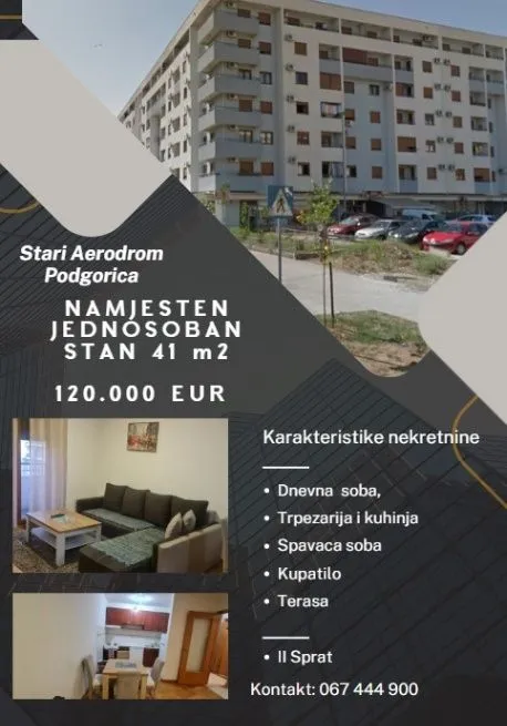 Prodaja, jednosoban stan, 41m², Stari Aerodrom, Podgorica