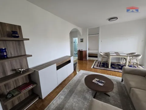 Dnevna soba sa garniturom, policama i trpezarijskim delom u pozadini. - image 3