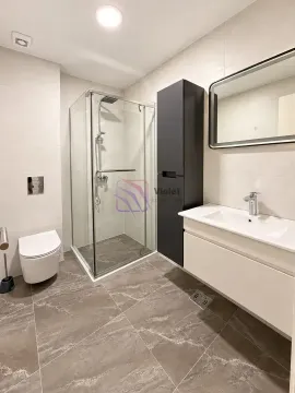 Moderne kupatilo sa tuš kabinom, umivaonikom i ugradnim elementima. - image 13