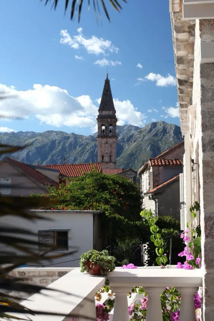 View from the terrace overlooking the old town and mountains.