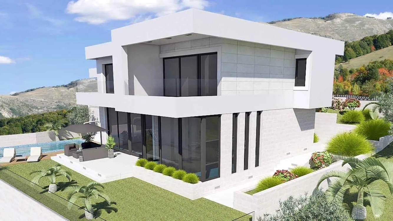 Spoljašnji izgled moderne kuće sa terasom, bazenom i dvorištem.