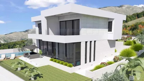 Spoljašnji izgled moderne kuće sa terasom, bazenom i dvorištem. - image 4