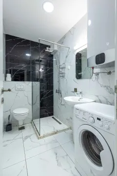 Modern bathroom with a shower cabin, washbasin, and washing machine. - image 4