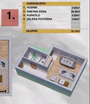 Trodimenzionalni tlocrt garsonjere sa prikazanom kvadraturom prostorija i namještajem. - image 4