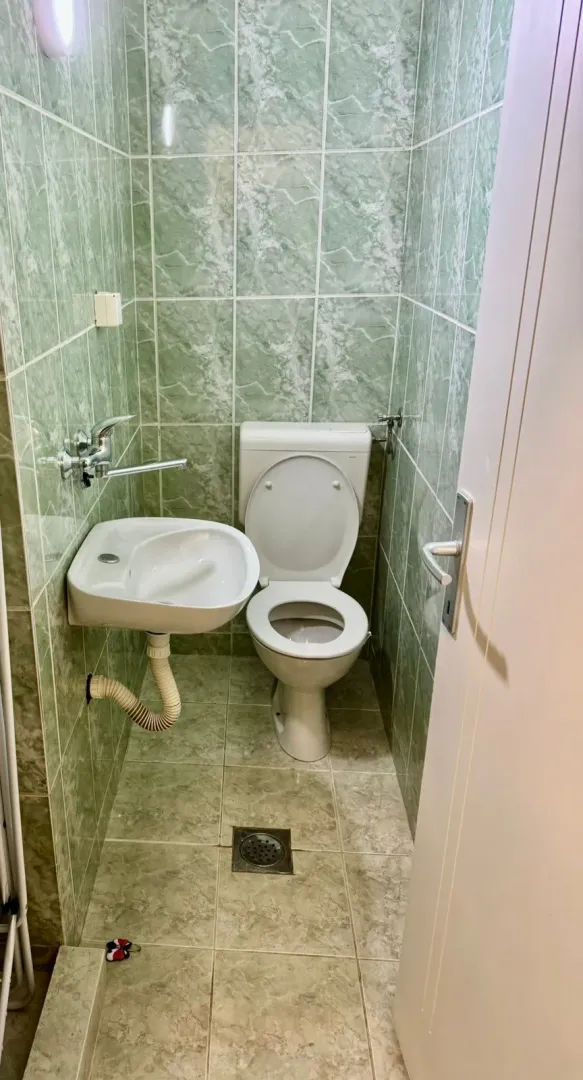 Manje kupatilo obloženo zelenim pločicama sa toaletom i umivaonikom.