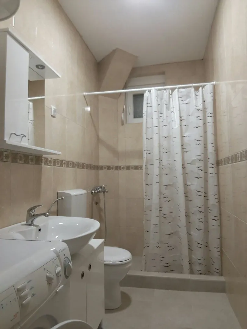 A simple bathroom with a shower curtain, a sink, and a washing machine.