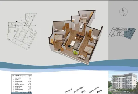Tlocrt i 3D prikaz rasporeda trosobnog apartmana sa terasom. - image 18