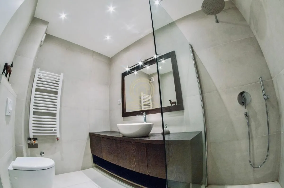 Modern bathroom equipped with a washbasin, walk-in shower, and toilet.
