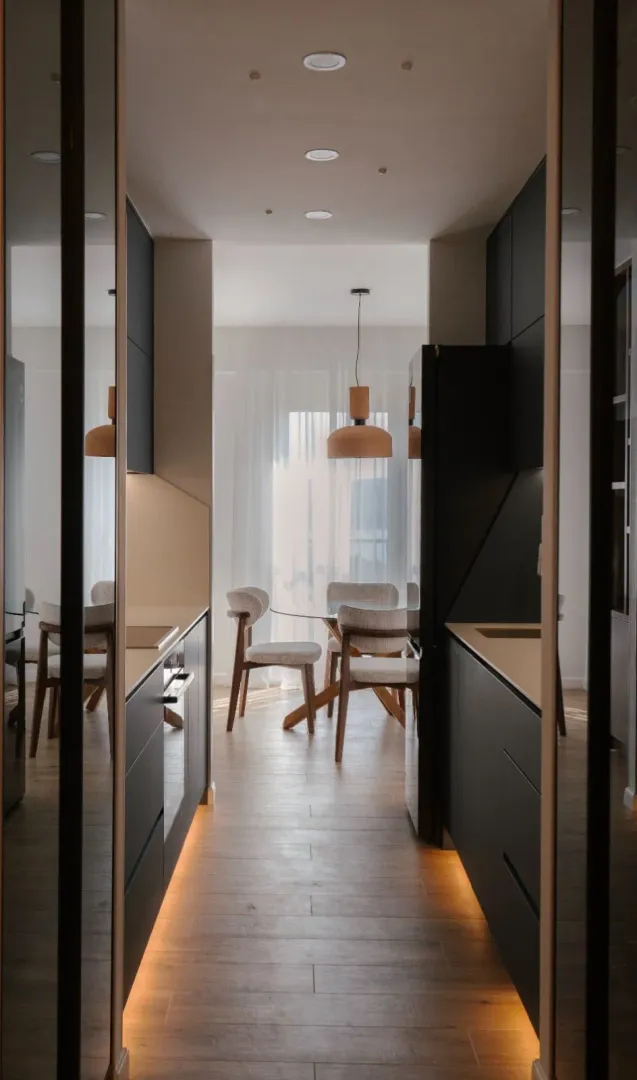 Modern kitchen with built-in units and a view of the dining area.