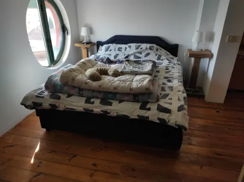 Bright bedroom featuring a round window and wooden flooring. - image 9