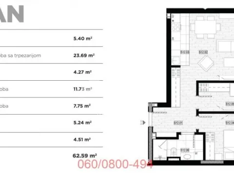 Sale, two bedroom apartment, 63m², Lekino Brdo, Voždovac Sve Podlokacije - image 2