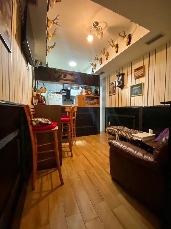 Living room with a bar counter and seating furniture.