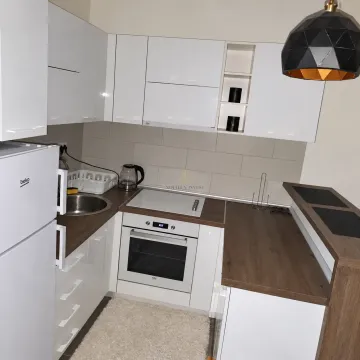 Manja kuhinja sa bijelim elementima, drvenom radnom pločom i ugrađenim aparatima. - image 3