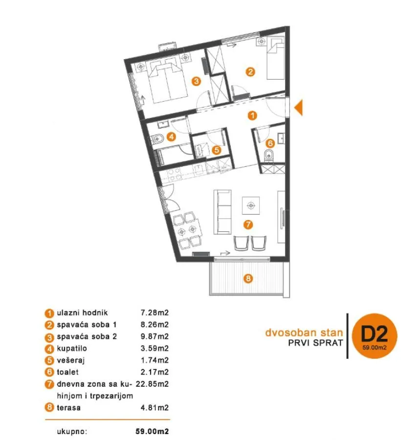 Prodaja, dvosoban stan, 59m², Tivat, Crna Gora