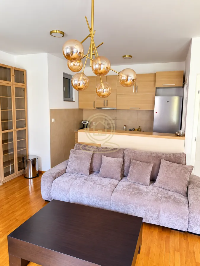 Living room with sofa and a view of the kitchen in the background.