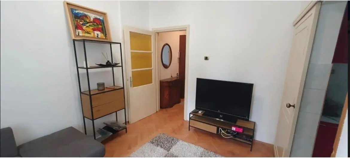 Dnevna soba sa televizorom, policama i parketom na podu.