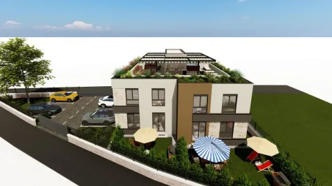Spoljni 3D prikaz moderne stambene zgrade sa uređenim dvorištem i krovnom terasom. - image 3