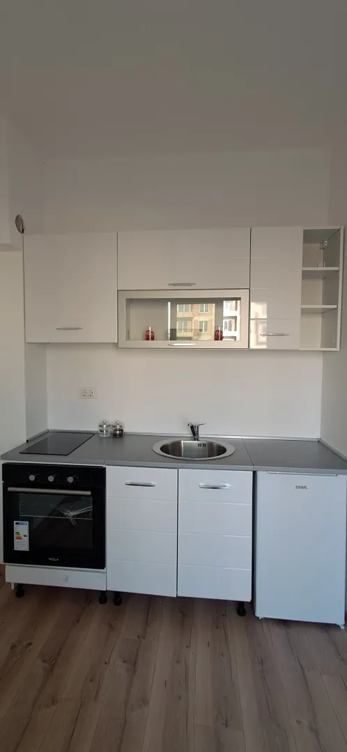 Manja bijela kuhinja sa ugrađenom rernom, pločom i frižiderom.