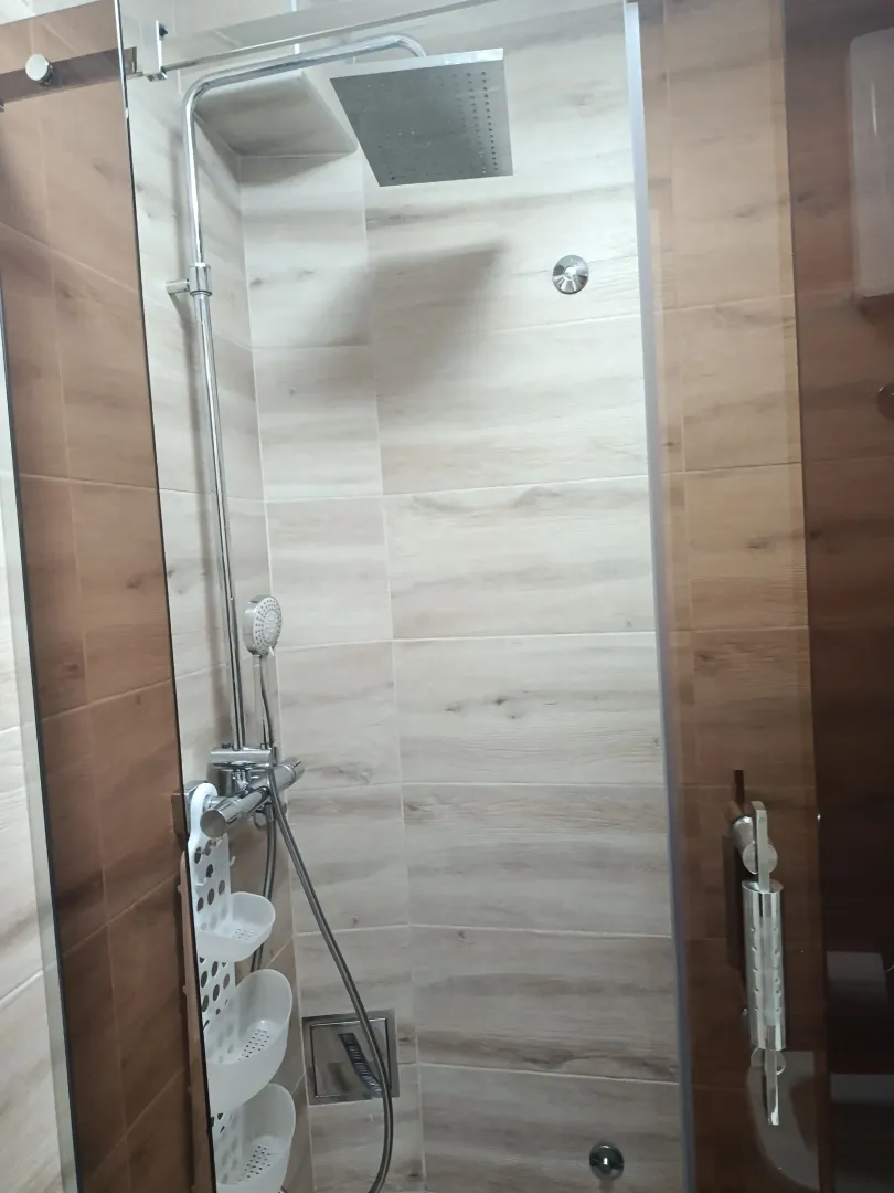 A shower enclosure with a modern faucet and ceramic tiles in the bathroom interior.