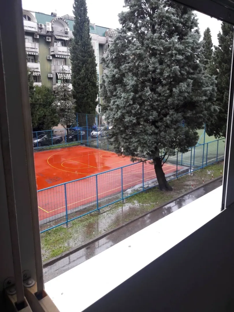 View through the window overlooking a sports court and surrounding trees.