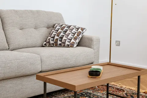 Udobna siva sofa sa dekorativnim jastukom i drvenim stočićem u dnevnoj sobi. - image 6