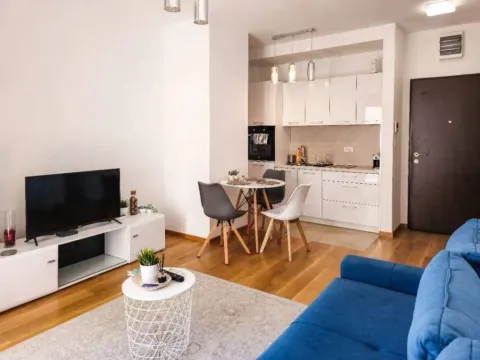 Dnevni boravak sa garniturom, televizorom i trpezarijom u sklopu kuhinje. - image 4