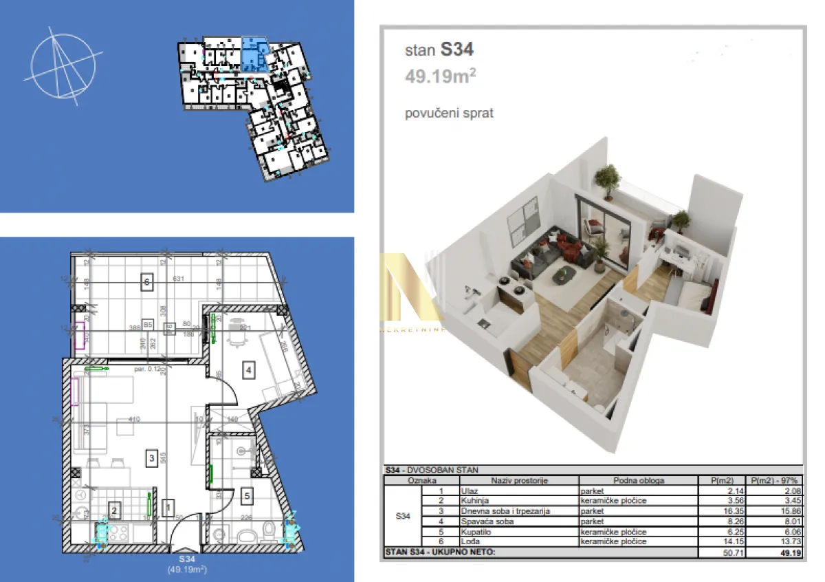 Sale, two bedroom apartment, 49m², Salajka, Novi Sad Sve Podlokacije