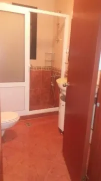 A simple bathroom with a shower cabin and red floor tiles. - image 5