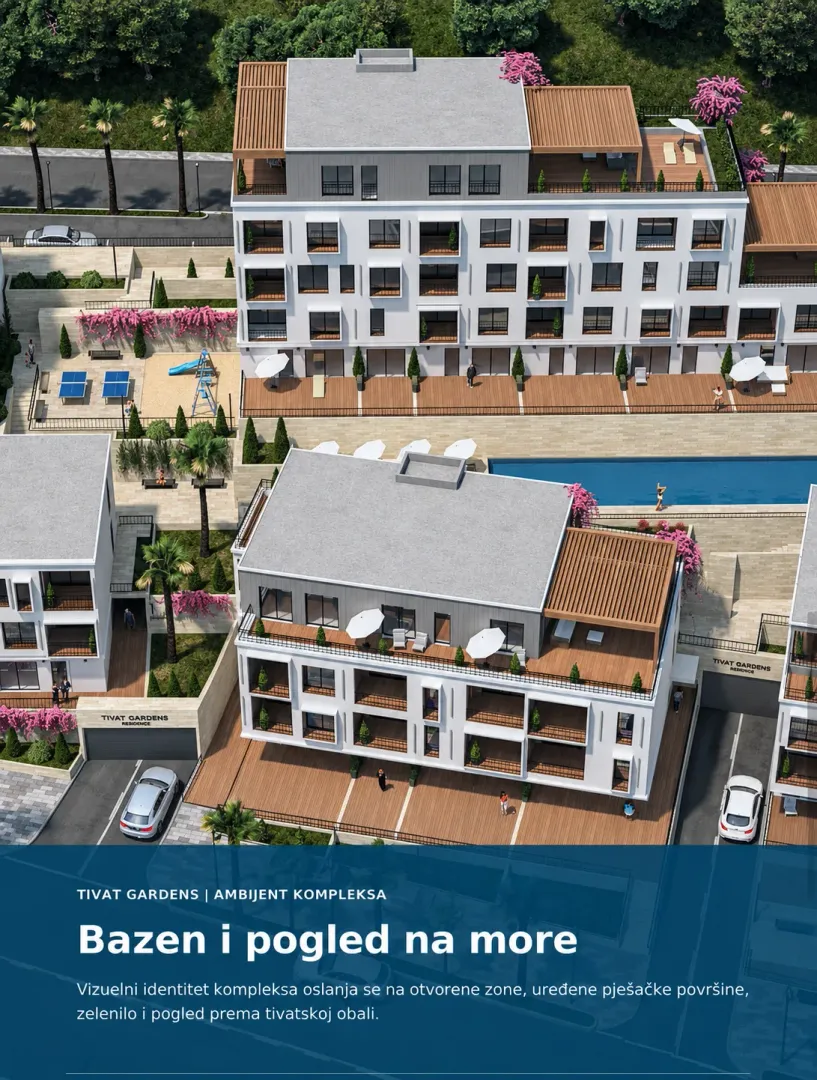 Prikaz eksterijera modernog stambenog kompleksa sa uređenim dvorištem, bazenom i zelenilom.